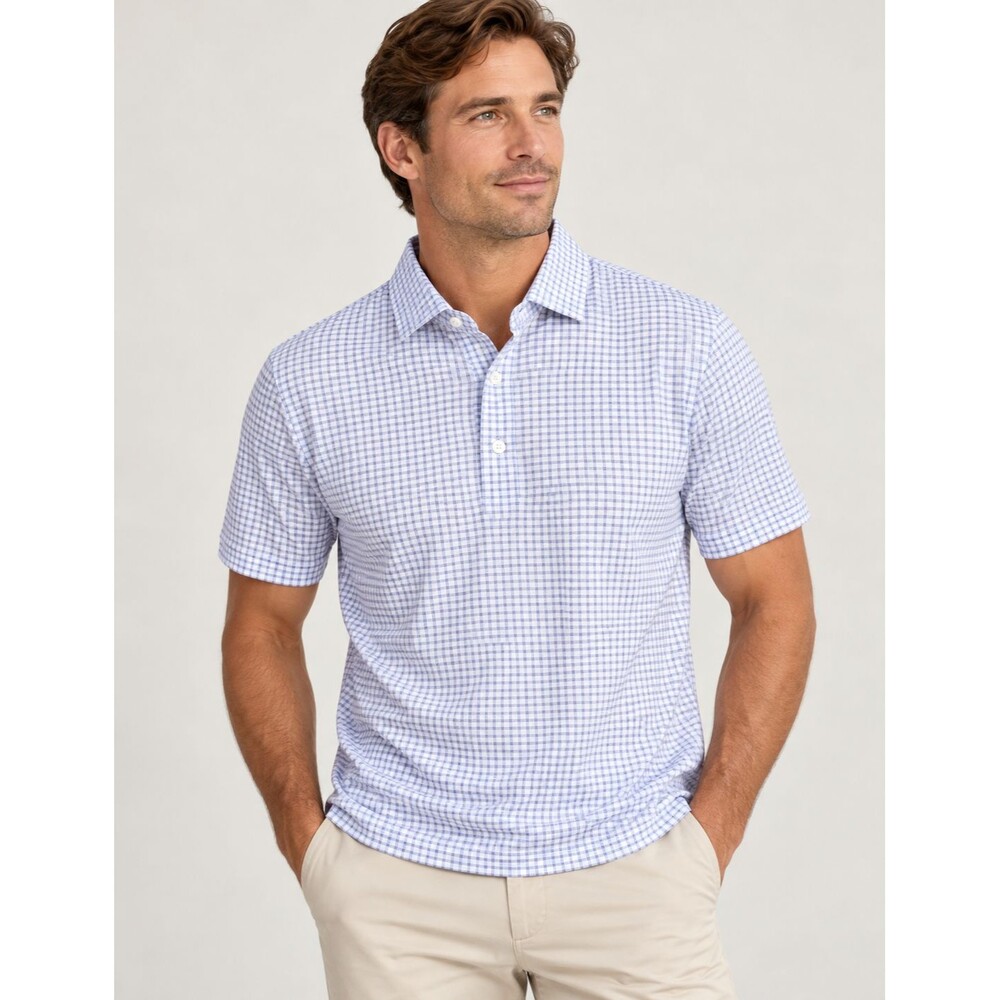 Collars & Co Men's Dress Collar Polo Shirt Short Sleeve Blue White Check Golf M